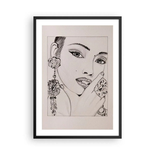 Poster in cornice nera - Schizzo di una donna che indossa gioielli glamour - 50x70cm - Il gioiello più bello - Decorazione murale moderna per soggiorno e camera da letto ARTTOR