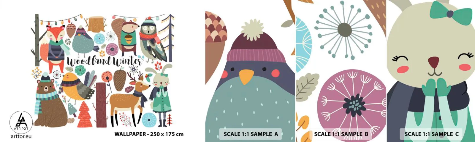 Campione Di Fotomurale Standard Eco - Le feste incantate nel bosco - Per bambini, Inverno Nella Foresta, Animali - 100x30 cm