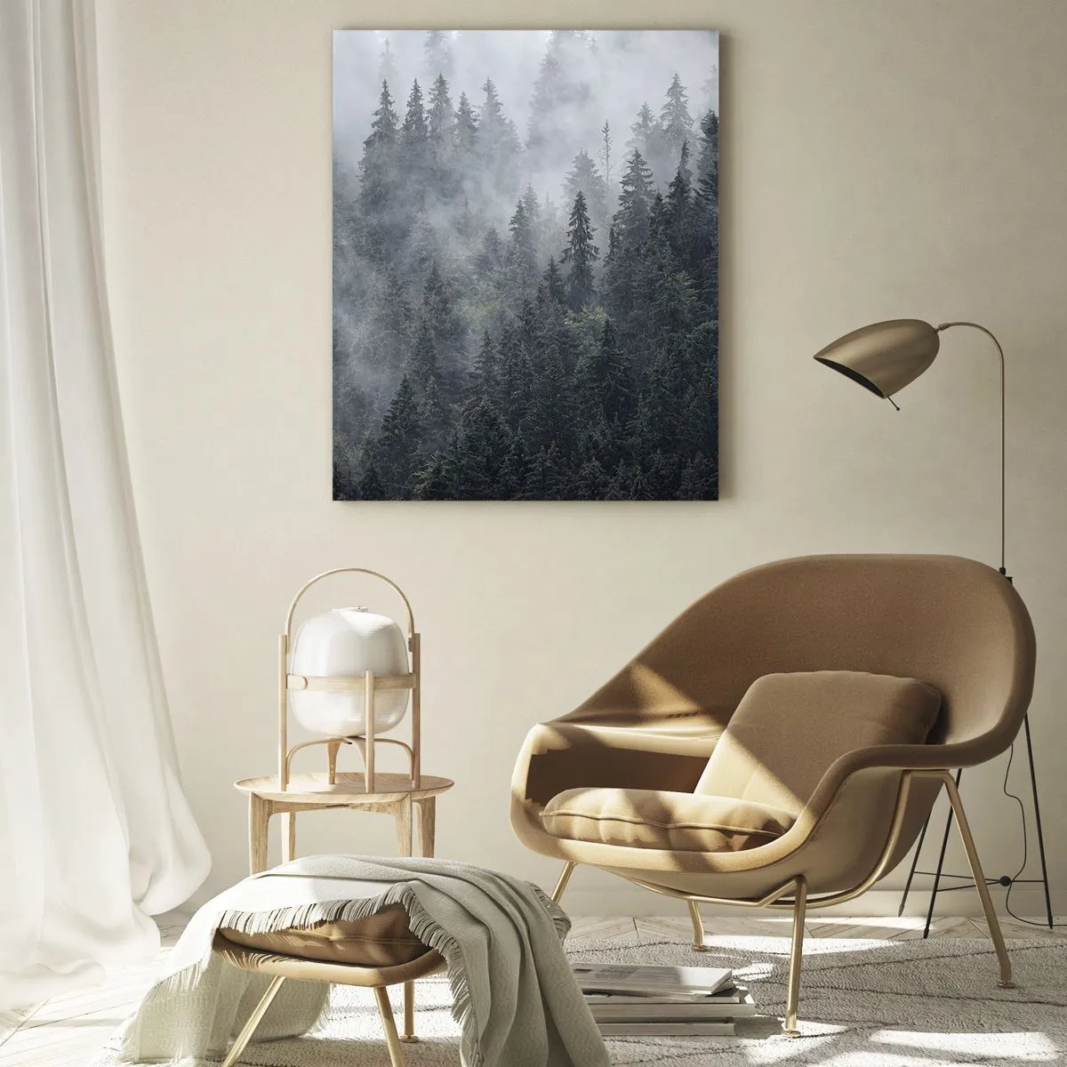 Quadro su vetro - Foresta di conifere nebbiosa nei toni del grigio e del verde - 70x100cm - Alba nel bosco - Decorazione murale moderna per soggiorno e camera da letto ARTTOR