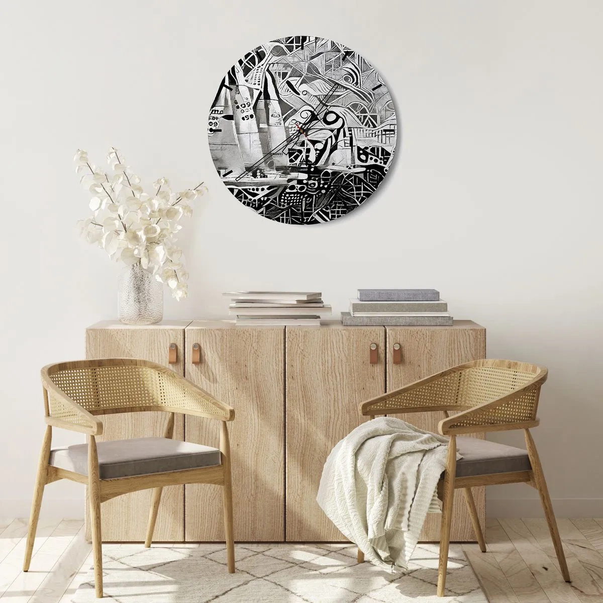 Orologio da parete - Orologio in Vetro - Onde astratte in bianco e nero con elementi geometrici - 30x30cm - Tra le onde - Decorazione murale moderna per soggiorno, cucina e camera da letto ARTTOR