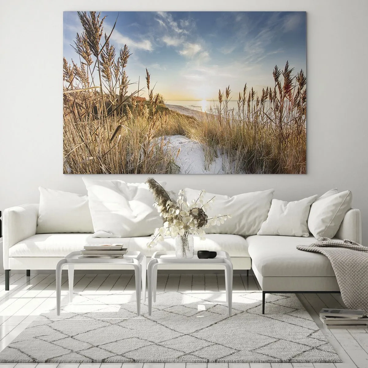 Quadro su vetro - Tramonto su una spiaggia con dune ricoperte d'erba - 70x50cm - Spiaggia del nord - Decorazione murale moderna per soggiorno e camera da letto ARTTOR