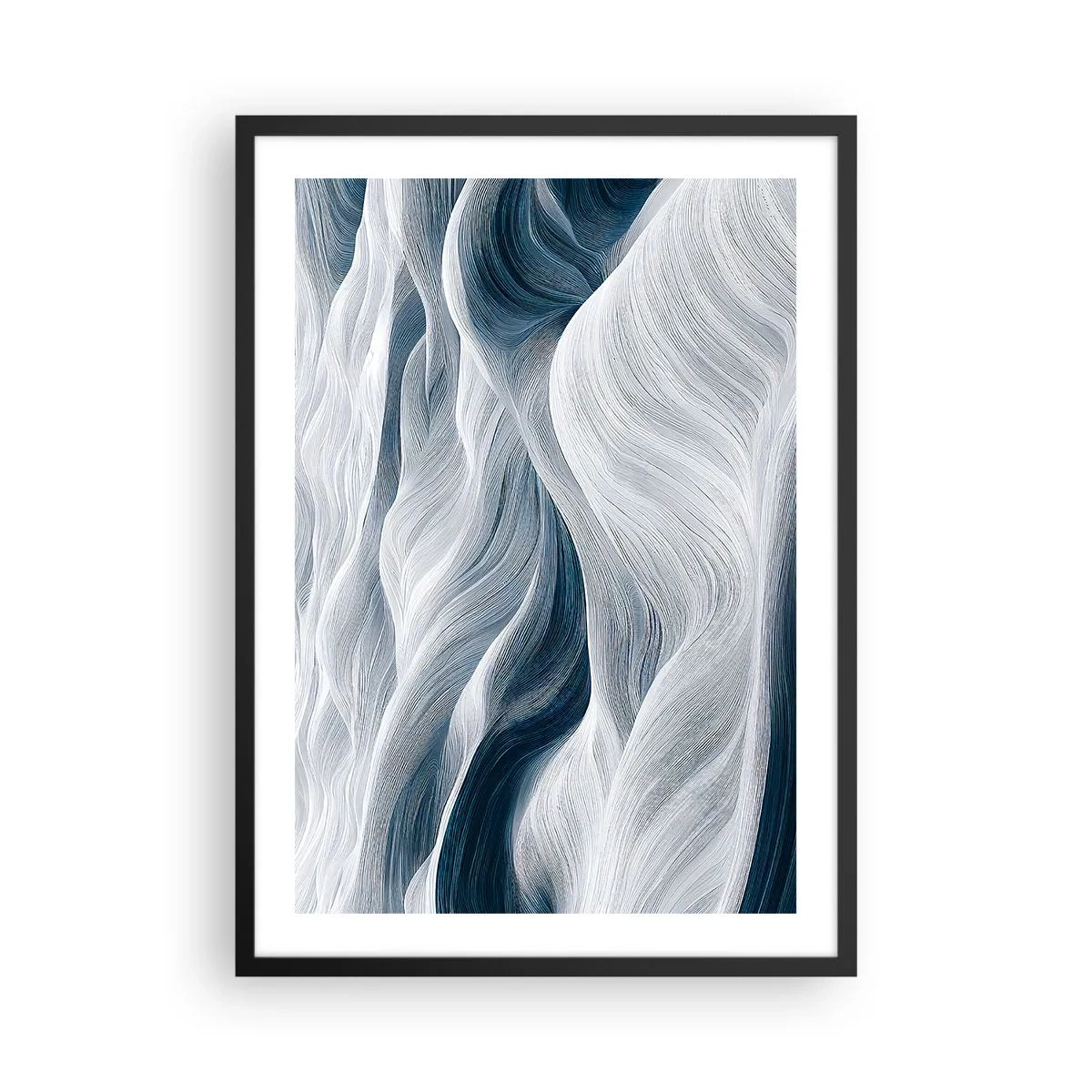 Poster in cornice nera - Onde astratte nei toni del bianco e del blu navy - 50x70cm - Onde bianche e blu - Decorazione murale moderna per soggiorno e camera da letto ARTTOR