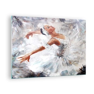 Quadro su vetro - Una ballerina in abito bianco in una posa dinamica - 70x50cm - Delicata e leggera come il tulle - Decorazione murale moderna per soggiorno e camera da letto ARTTOR