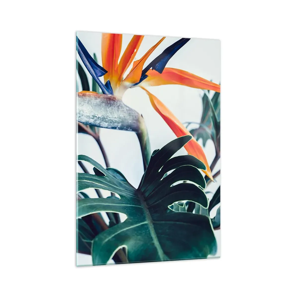 Quadro su vetro - Fiore di Strelitzia circondato da foglie in piena luce - 70x100cm - Pianta uccello - Decorazione murale moderna per soggiorno e camera da letto ARTTOR