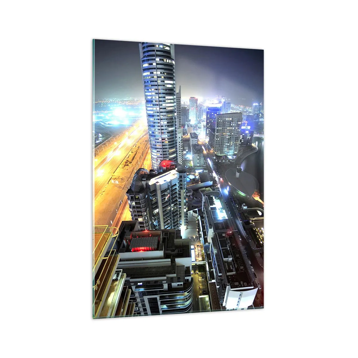 Quadro su vetro - Panorama della città notturna con grattacieli illuminati - 70x100cm - Miracolo nel deserto - Decorazione murale moderna per soggiorno e camera da letto ARTTOR
