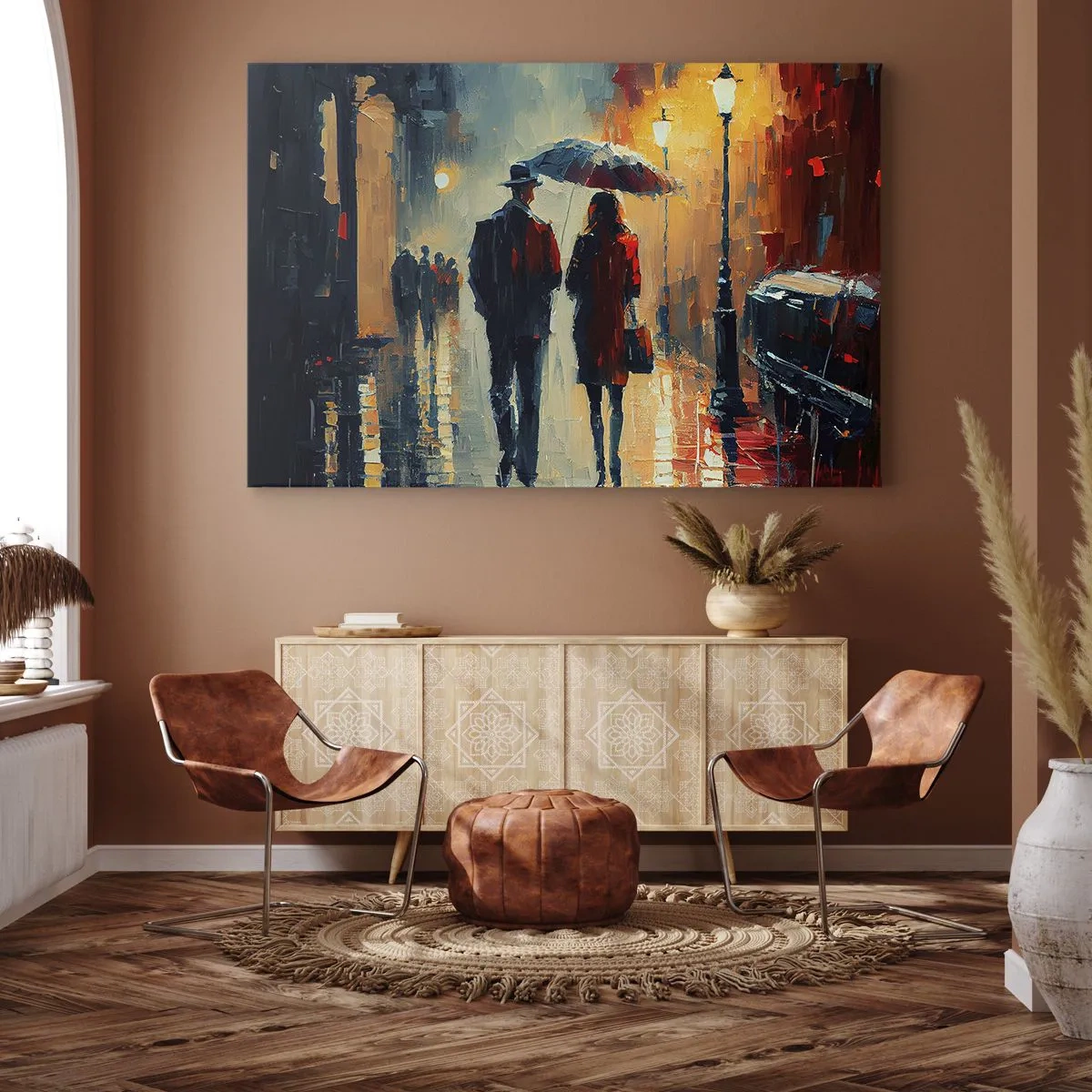 Quadro su tela - Stampe su Tela - Camminare sotto la pioggia sotto un ombrello in città di notte - 70x50cm - Love story cittadina - Decorazione murale moderna per soggiorno e camera da letto ARTTOR