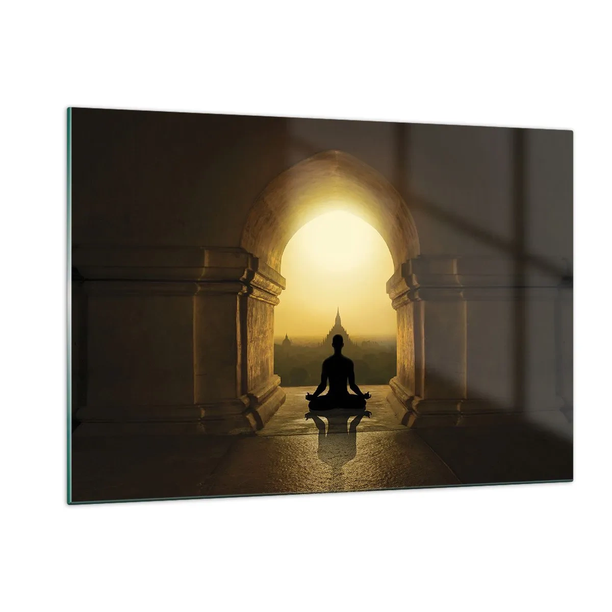 Quadro su vetro - Silhouette di una persona in meditazione alla luce del sole al tramonto in un arco architettonico - 120x80cm - Armonia completa - Decorazione murale moderna per soggiorno e camera da letto ARTTOR