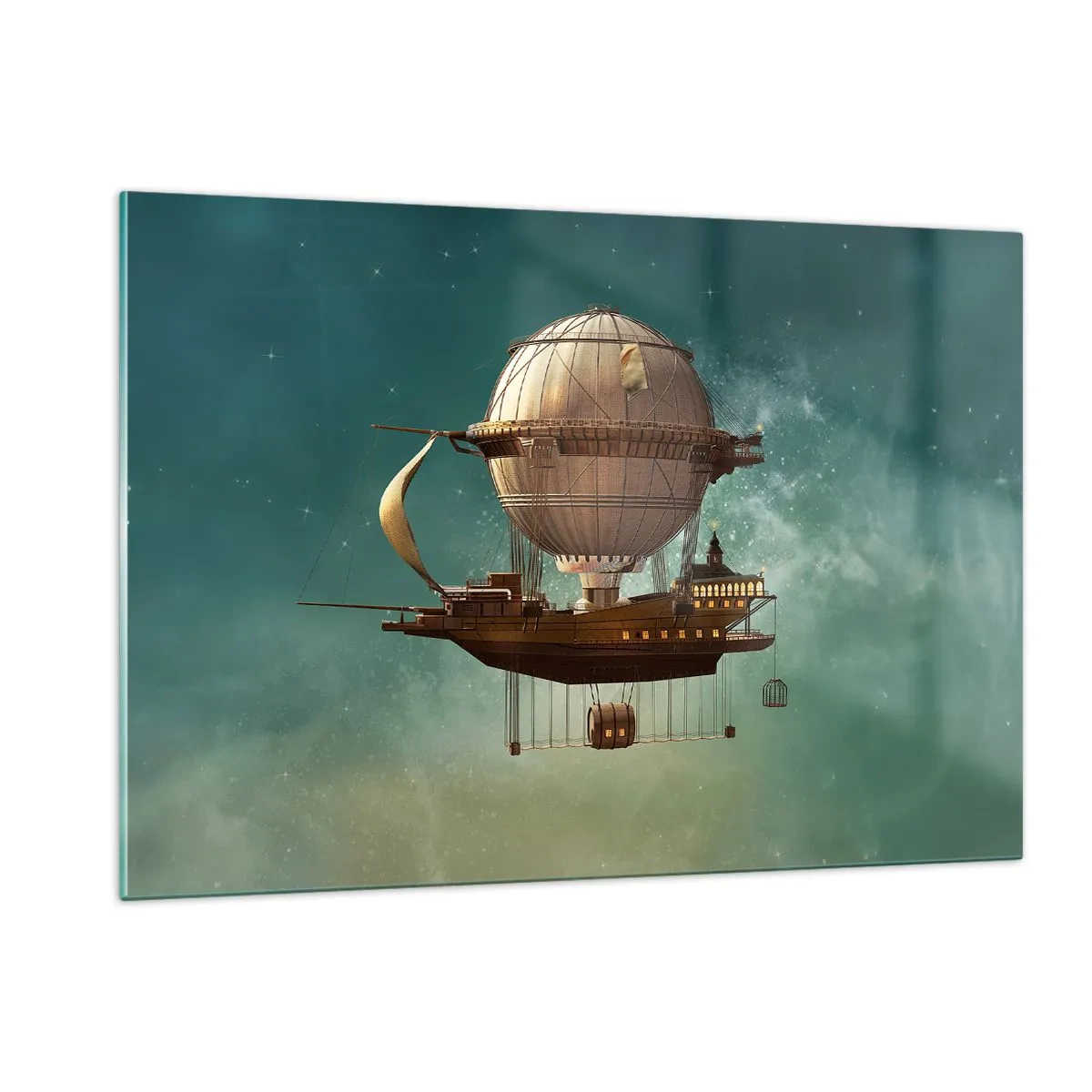 Quadro su vetro - Un dirigibile volante con una casa in stile retrò nel cielo - 120x80cm - Saluti da Jules Verne - Decorazione murale moderna per soggiorno e camera da letto ARTTOR