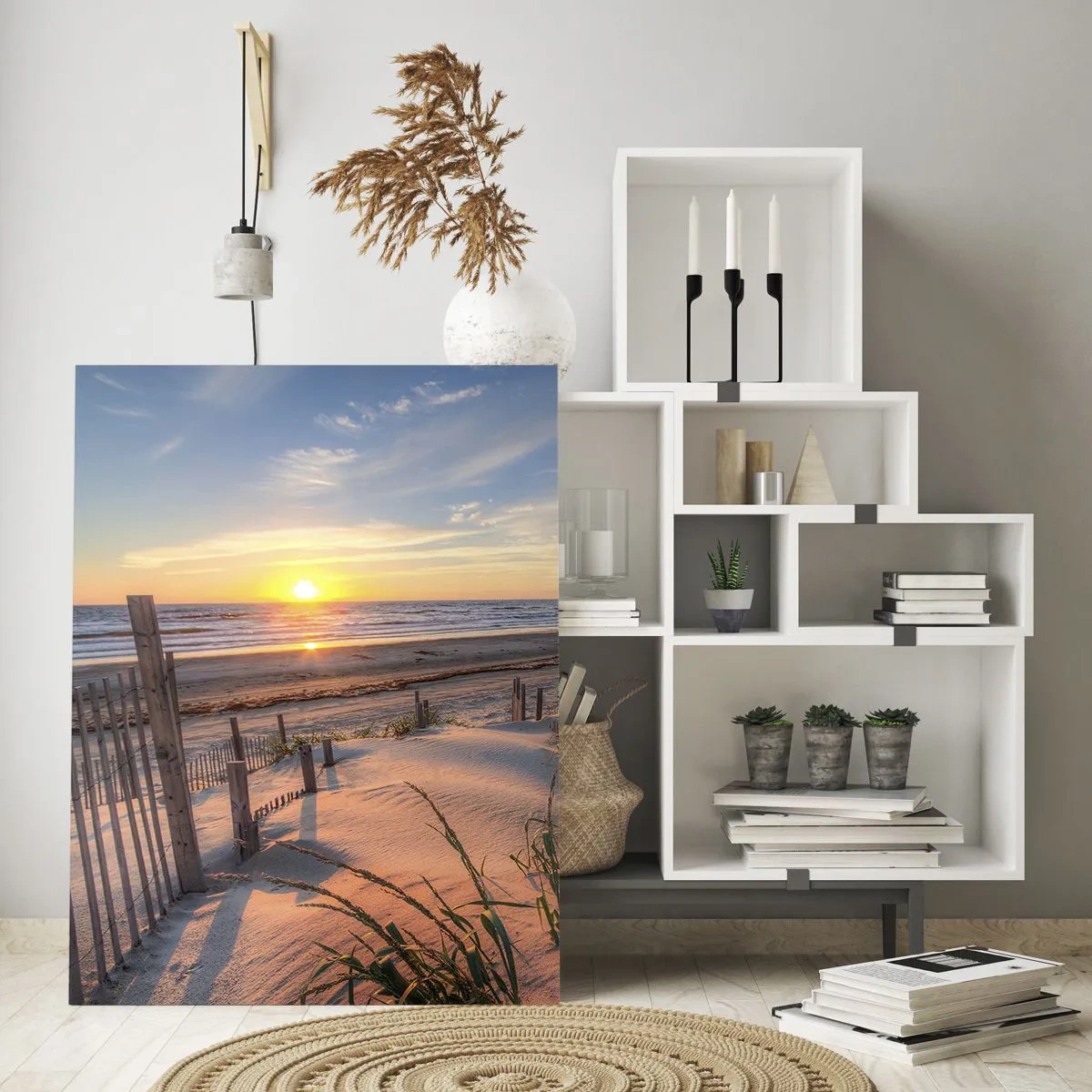 Quadro su vetro - Spiaggia con dune al tramonto - 50x70cm - Luci e ombre del vento - Decorazione murale moderna per soggiorno e camera da letto ARTTOR