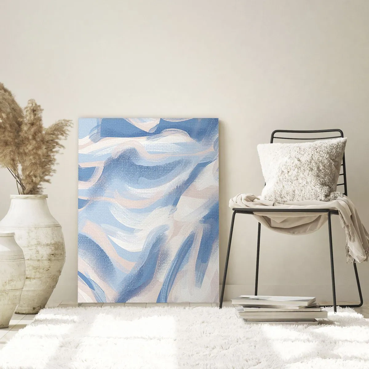 Quadro su vetro - Tratti astratti in blu, bianco e beige in una forma ondulata - 50x70cm - Ondulazioni azzurre - Decorazione murale moderna per soggiorno e camera da letto ARTTOR