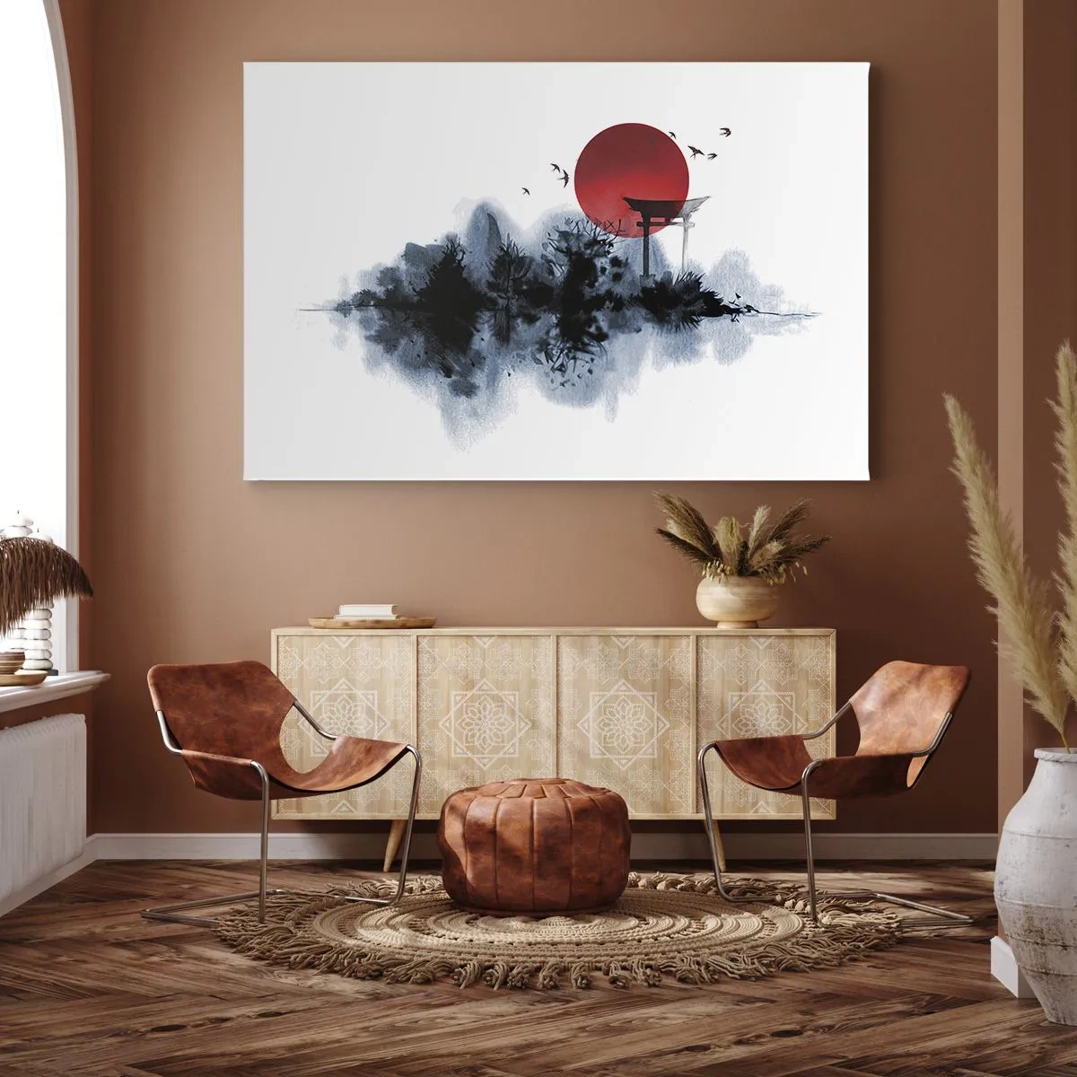 Quadro su tela - Stampe su Tela - Sole rosso su un paesaggio pittoresco con torii - 100x70cm - Vista giapponese - Decorazione murale moderna per soggiorno e camera da letto ARTTOR