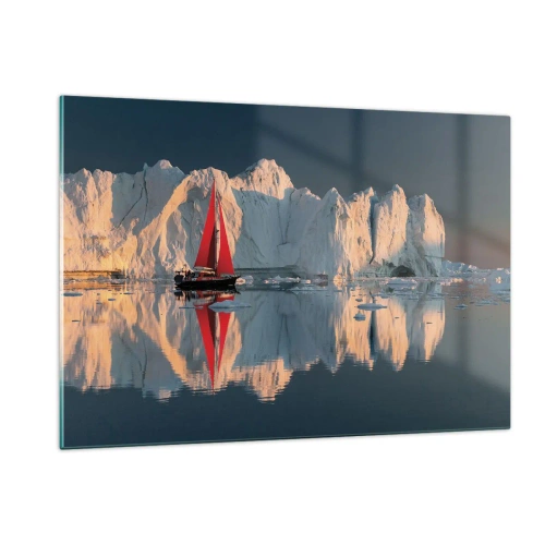 Quadro su vetro - Una barca a vela con una vela rossa vicino agli iceberg al tramonto - 120x80cm - Ai confini del mondo - Decorazione murale moderna per soggiorno e camera da letto ARTTOR
