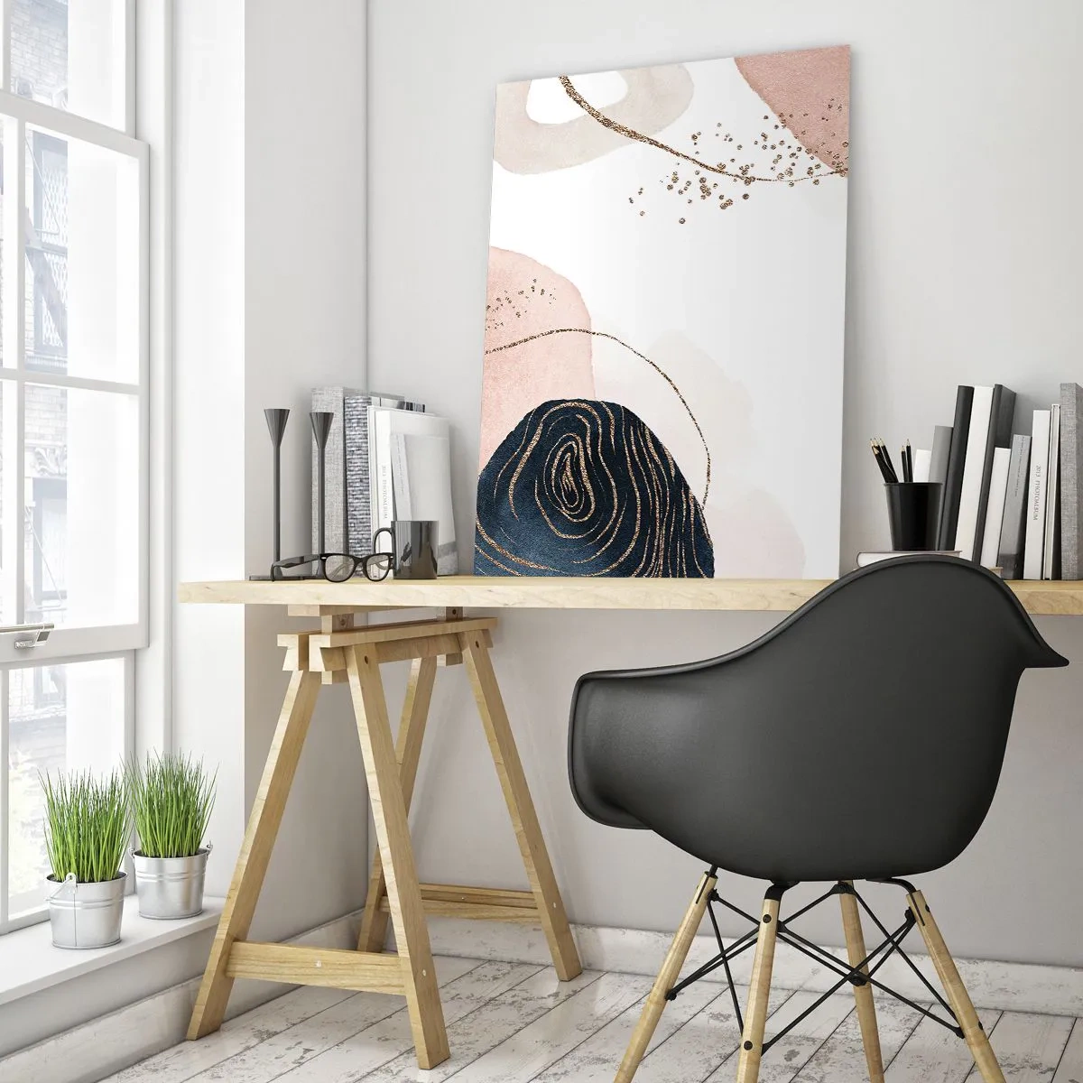 Quadro su vetro - Forme astratte con accenti dorati - 50x70cm - Tutto scorre - Decorazione murale moderna per soggiorno e camera da letto ARTTOR