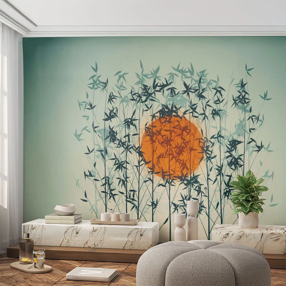 Fotomurali Standard Eco - Sole rosso dietro la foresta di bambù - 100x70cm - Sole giapponese - Decorazione murale moderna per soggiorno e camera da letto ARTTOR