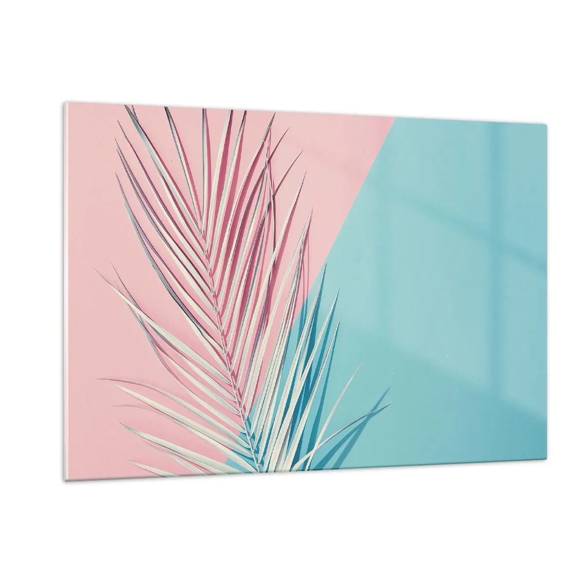 Quadro su vetro - Una foglia di palma su uno sfondo pastello in una composizione geometrica - 120x80cm - Impressione tropicale - Decorazione murale moderna per soggiorno e camera da letto ARTTOR