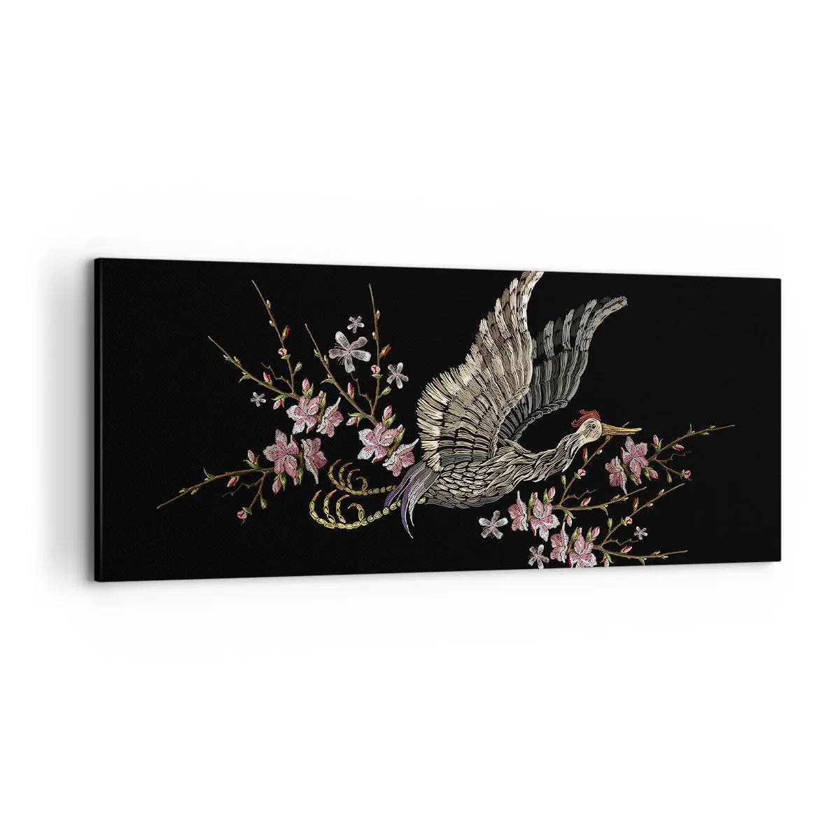 Quadro su tela - Stampe su Tela - Un uccello in volo con fiori su sfondo nero - 120x50cm - Uccello esotico ricamato - Decorazione murale moderna per soggiorno e camera da letto ARTTOR