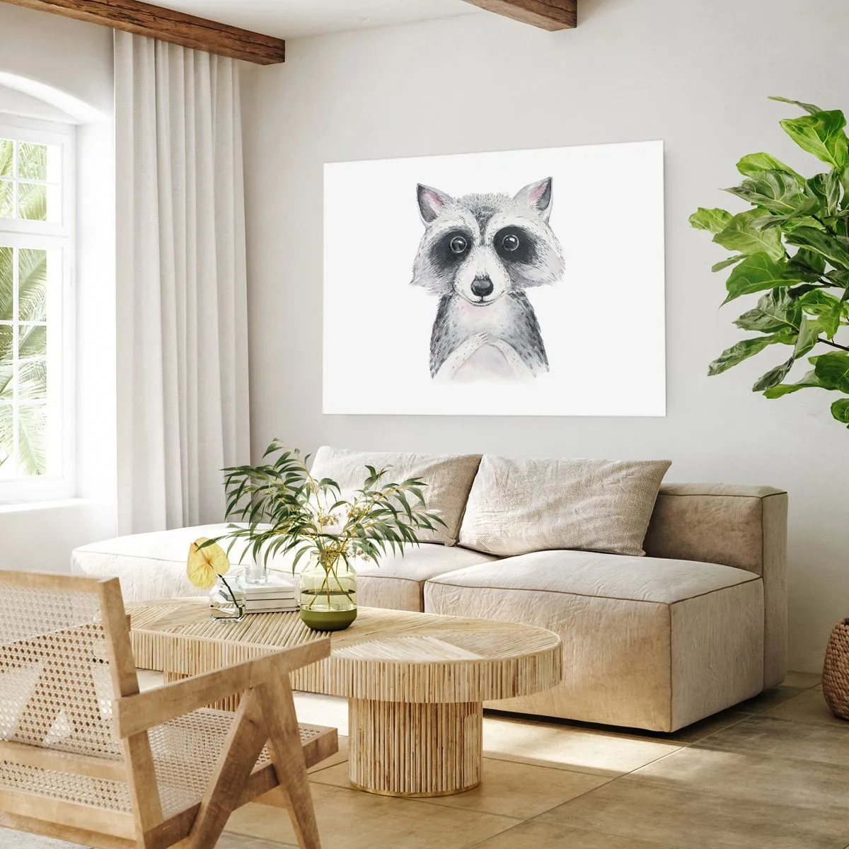 Poster - Adorabile ritratto di un procione su sfondo bianco - 100x70cm - Un attimo di commozione - Decorazione murale moderna per soggiorno e camera da letto ARTTOR