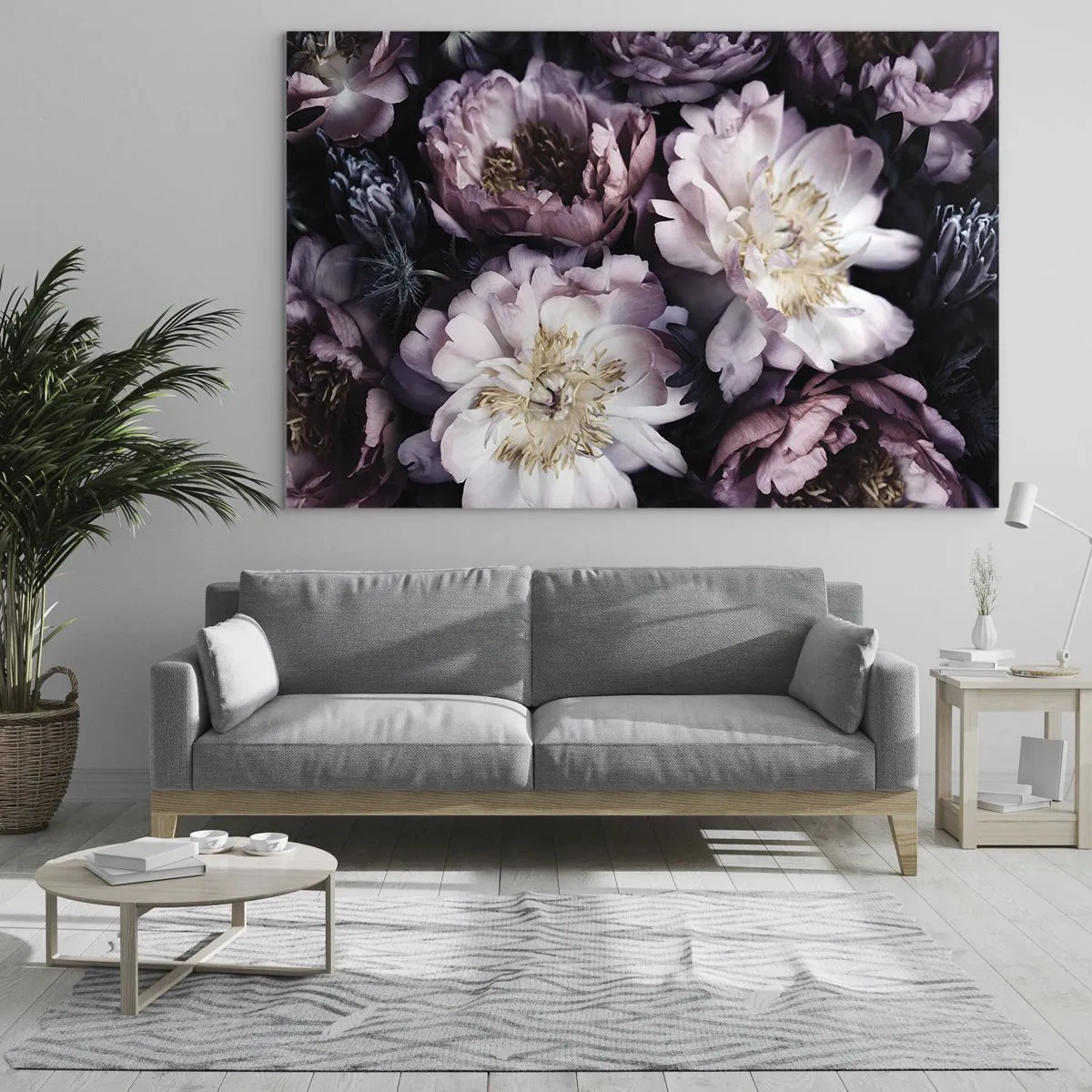 Quadro su vetro - Un romantico bouquet di peonie in tenui toni viola e rosa - 100x70cm - Bouquet nel vecchio stile - Decorazione murale moderna per soggiorno e camera da letto ARTTOR