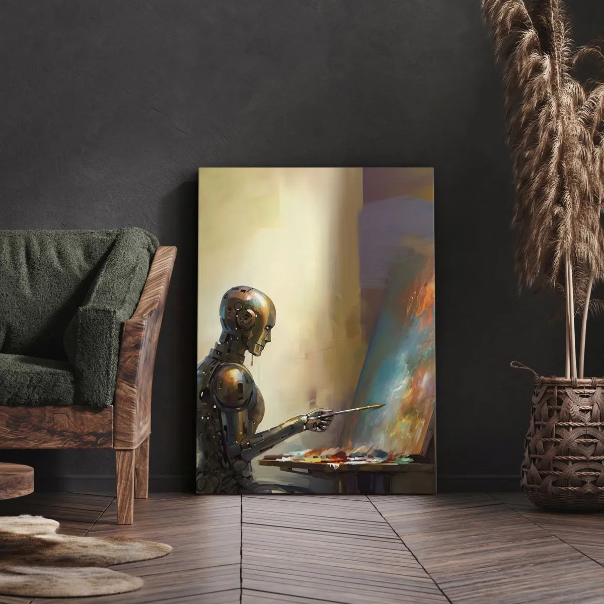 Quadro su tela - Stampe su Tela - Un robot che dipinge su una tela in stile artistico - 50x70cm - L'arte del futuro - Decorazione murale moderna per soggiorno e camera da letto ARTTOR