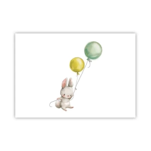 Poster - Un coniglio che tiene in mano palloncini color pastello - 100x70cm - Volo anch'io! - Decorazione murale moderna per soggiorno e camera da letto ARTTOR