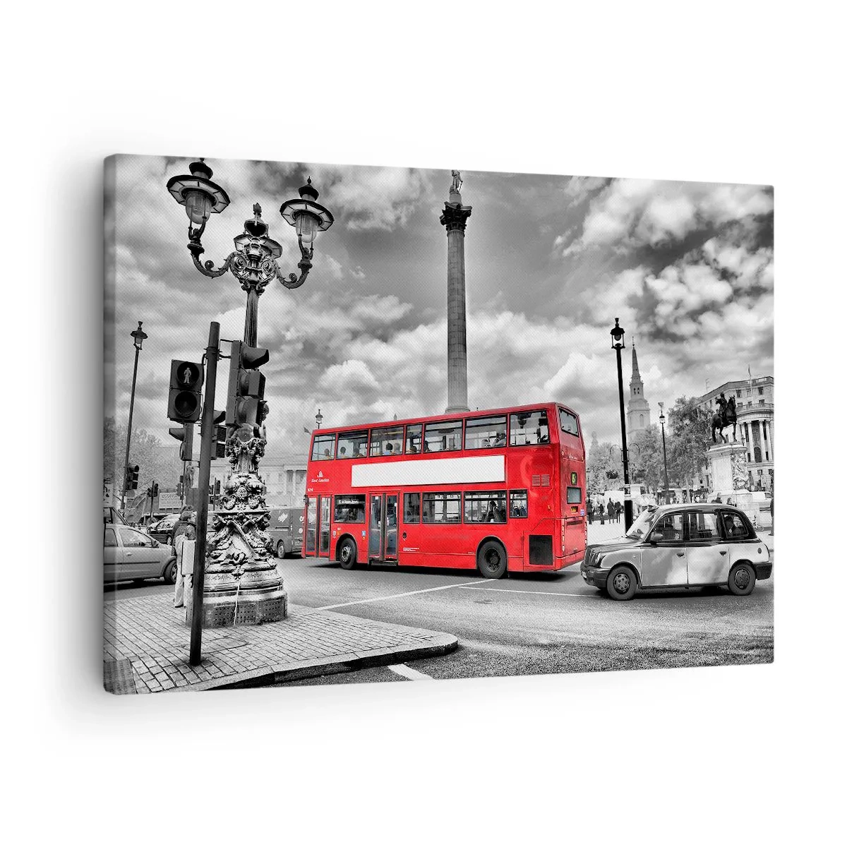 Quadro su tela - Stampe su Tela - Un autobus rosso a due piani sullo sfondo di una città in bianco e nero - 70x50cm - Il vero flusso sanguigno della città - Decorazione murale moderna per soggiorno e camera da letto ARTTOR