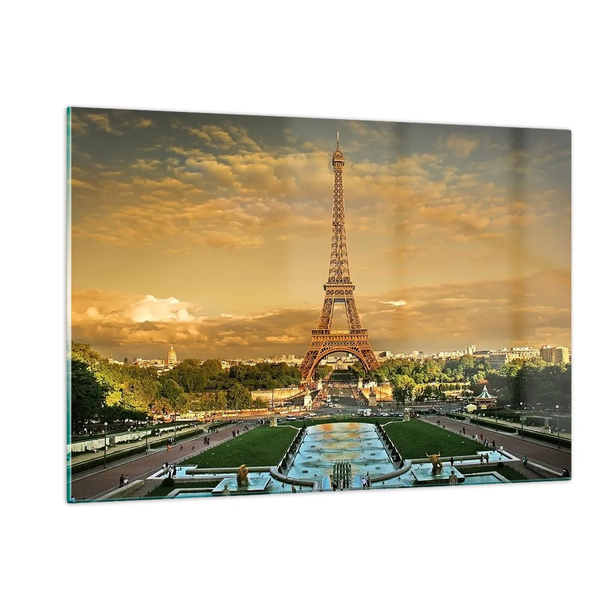 Quadro su vetro - La Torre Eiffel circondata dai giardini parigini al tramonto - 120x80cm - La regina di Parigi - Decorazione murale moderna per soggiorno e camera da letto ARTTOR