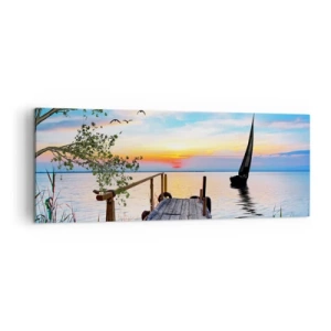 Quadro su tela - Stampe su Tela - Molo del lago con barca e tramonto - 140x50cm - Buona sera - Decorazione murale moderna per soggiorno e camera da letto ARTTOR