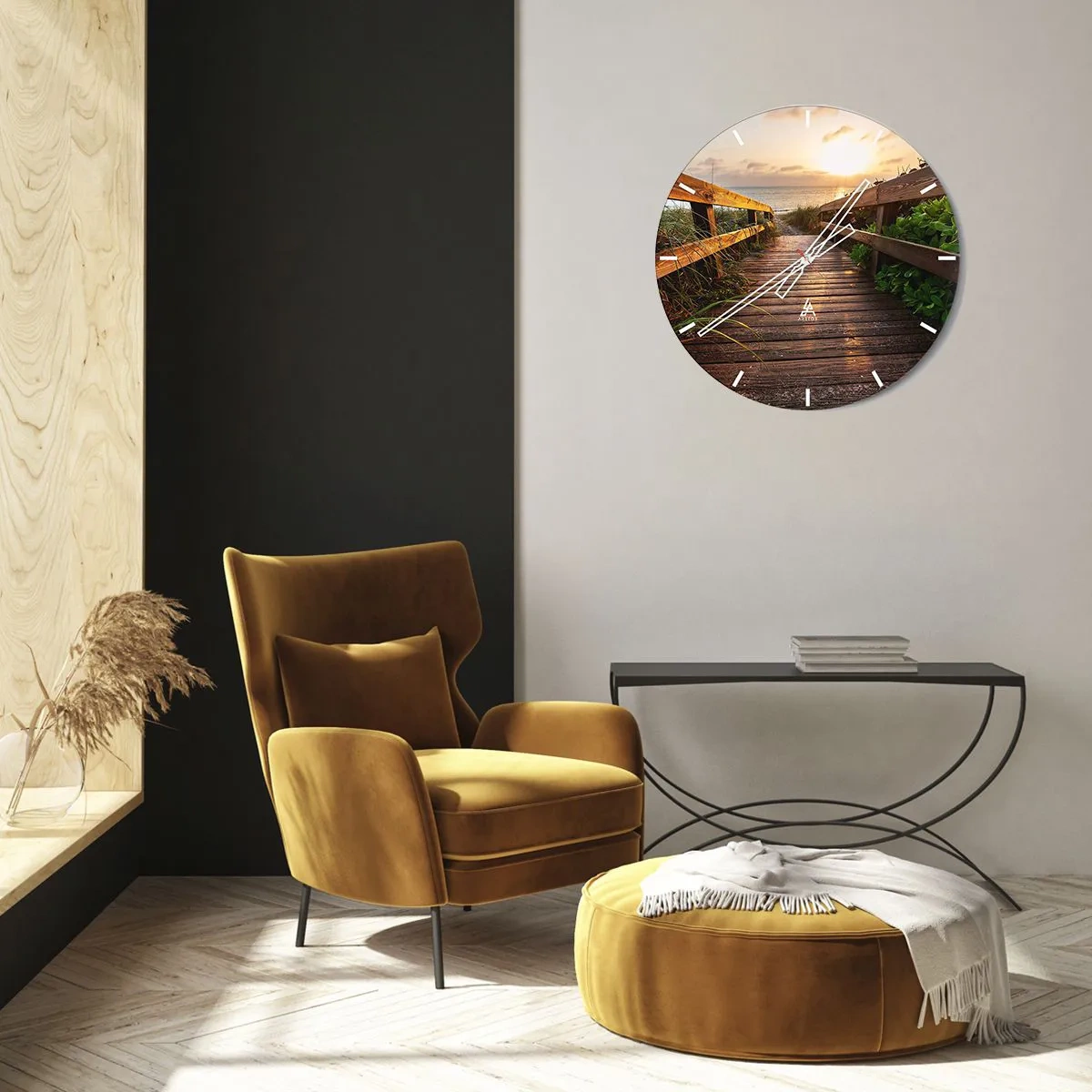 Orologio da parete - Orologio in Vetro - Molo di legno che conduce alla spiaggia al tramonto - 30x30cm - Dritto verso la riva - Decorazione murale moderna per soggiorno, cucina e camera da letto ARTTOR