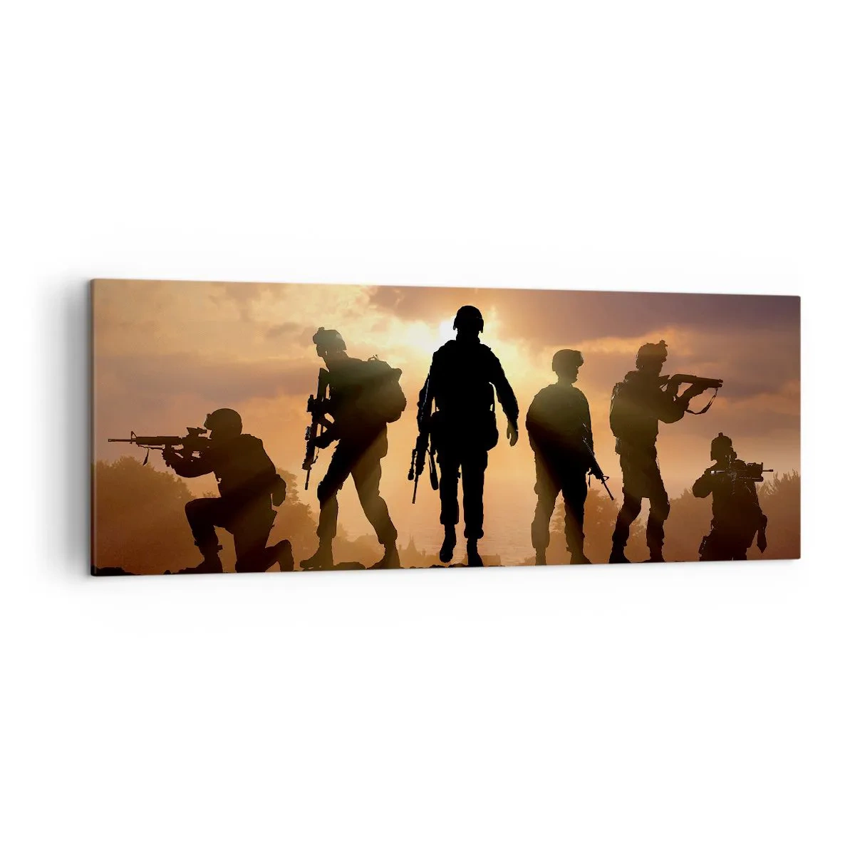 Quadro su tela - Stampe su Tela - Soldati sullo sfondo del sole al tramonto in un ambiente dinamico - 140x50cm - Brothers in arms - Decorazione murale moderna per soggiorno e camera da letto ARTTOR
