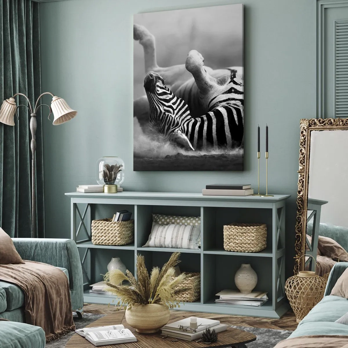 Quadro su tela - Stampe su Tela - Una zebra bianca e nera che rotola nella sabbia - 70x100cm - Morire dal ridere - Decorazione murale moderna per soggiorno e camera da letto ARTTOR