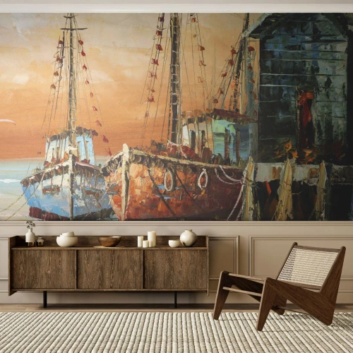 Fotomurali Premium Sand - Un pittoresco porto turistico con barche da pesca - 100x70cm - Ritorno tranquillo - Decorazione murale moderna per soggiorno e camera da letto ARTTOR
