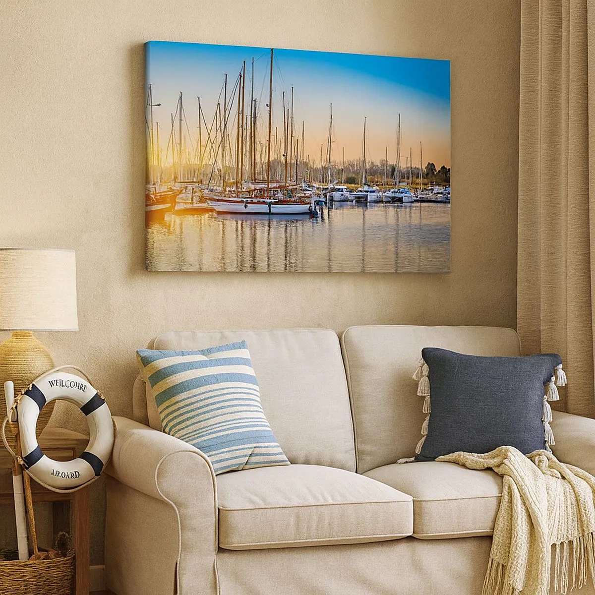 Quadro su tela - Stampe su Tela - Tramonto su un porto turistico pieno di barche a vela - 70x50cm - Anche il vento va a dormire - Decorazione murale moderna per soggiorno e camera da letto ARTTOR