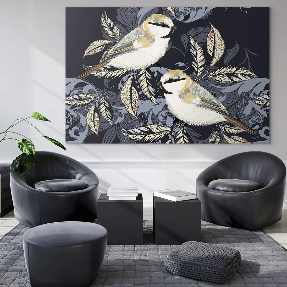 Quadro su vetro - Illustrazione di due uccelli su uno sfondo scuro con ornamenti - 120x80cm - Cinguettio oro e blu - Decorazione murale moderna per soggiorno e camera da letto ARTTOR