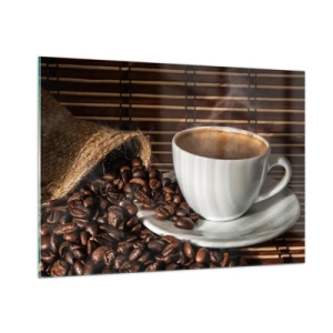Quadro su vetro - Una tazza di caffè con chicchi su uno sfondo rustico - 100x70cm - Nero del carbone, trasparenza dell'ambra - Decorazione murale moderna per soggiorno e camera da letto ARTTOR
