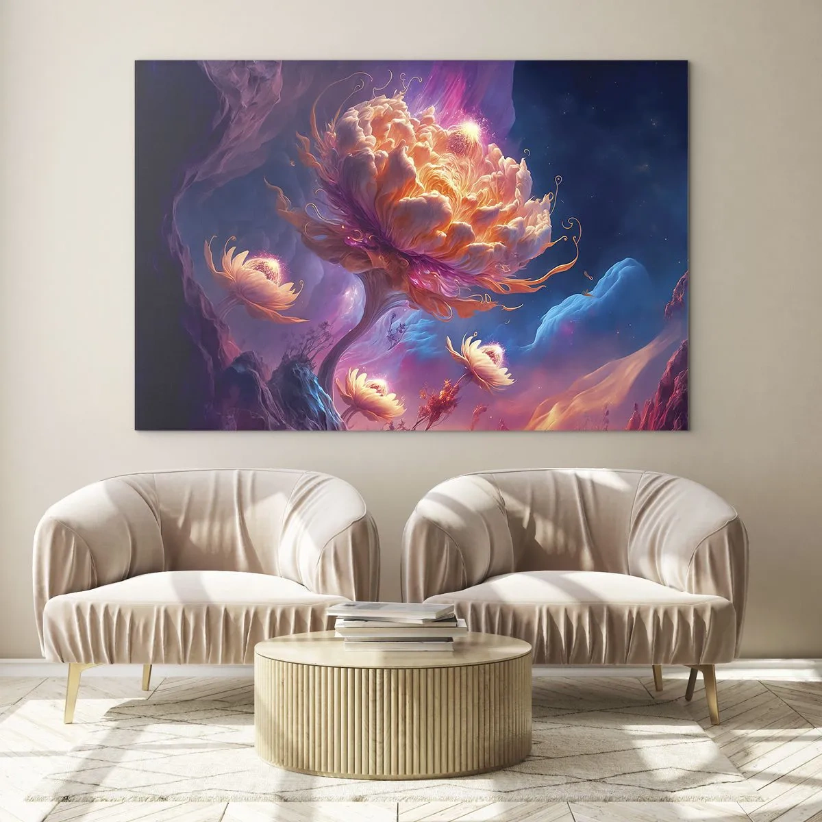 Quadro su vetro - Un fiore fantastico che fluttua in un ambiente cosmico - 70x50cm - Un altro mondo - Decorazione murale moderna per soggiorno e camera da letto ARTTOR