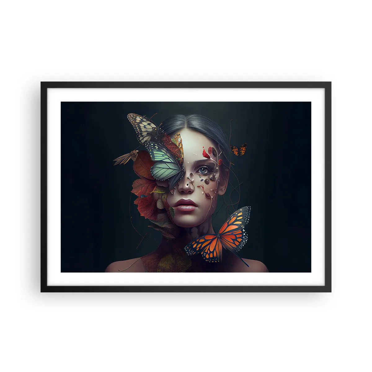 Poster in cornice nera - Ritratto di donna con farfalle ed elementi vegetali - 70x50cm - Metamorfosi fantastica - Decorazione murale moderna per soggiorno e camera da letto ARTTOR
