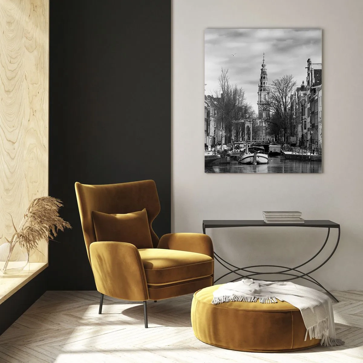 Quadro su vetro - Vista in bianco e nero di un canale di Amsterdam - 50x70cm - Atmosfera di Amsterdam - Decorazione murale moderna per soggiorno e camera da letto ARTTOR