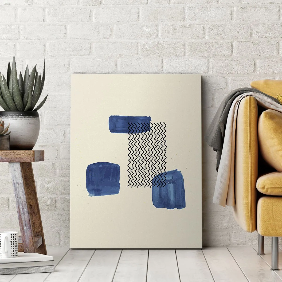 Quadro su tela - Stampe su Tela - Composizione astratta con macchie blu e linee ondulate - 50x70cm - Quartetto astratto - Decorazione murale moderna per soggiorno e camera da letto ARTTOR