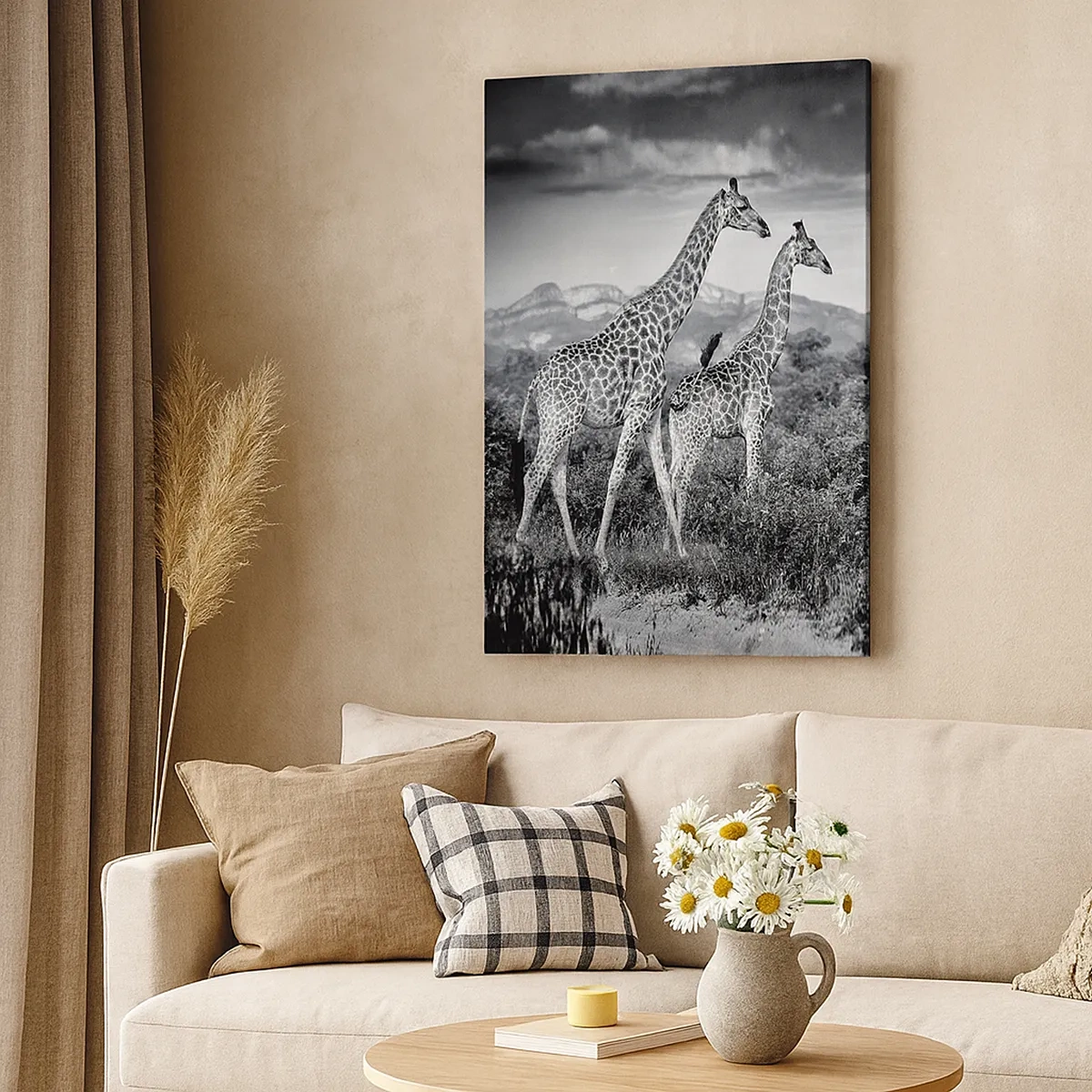 Quadro su tela - Stampe su Tela - Sagome in bianco e nero di due giraffe nella savana - 50x70cm - Alta classe in Africa - Decorazione murale moderna per soggiorno e camera da letto ARTTOR