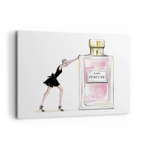Quadro su tela - Stampe su Tela - Una donna in abito nero accanto a una bottiglia di profumo - 100x70cm - L'essenza della femminilità - Decorazione murale moderna per soggiorno e camera da letto ARTTOR