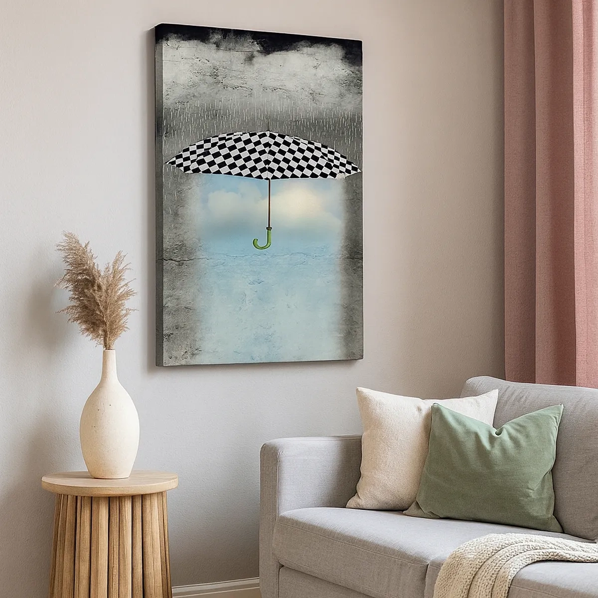 Quadro su tela - Stampe su Tela - Un ombrello a scacchi su un paesaggio piovoso - 50x70cm - Tuttavia è possibile - Decorazione murale moderna per soggiorno e camera da letto ARTTOR