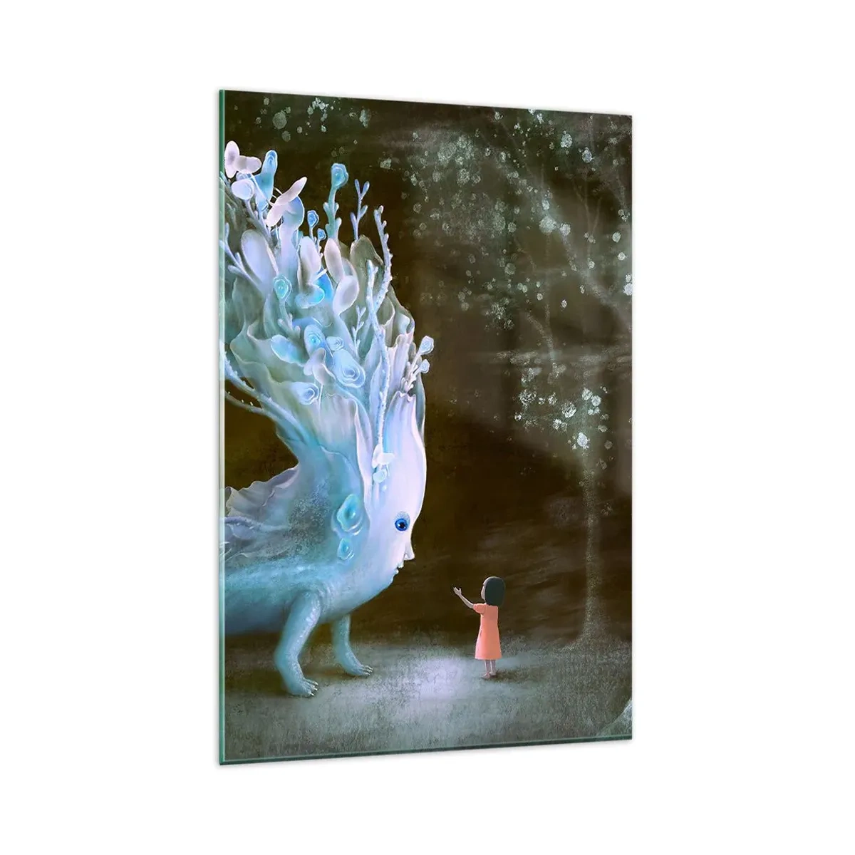 Quadro su vetro - La figura di una ragazza di fronte a una creatura fantastica - 80x120cm - Incontro fantastico - Decorazione murale moderna per soggiorno e camera da letto ARTTOR