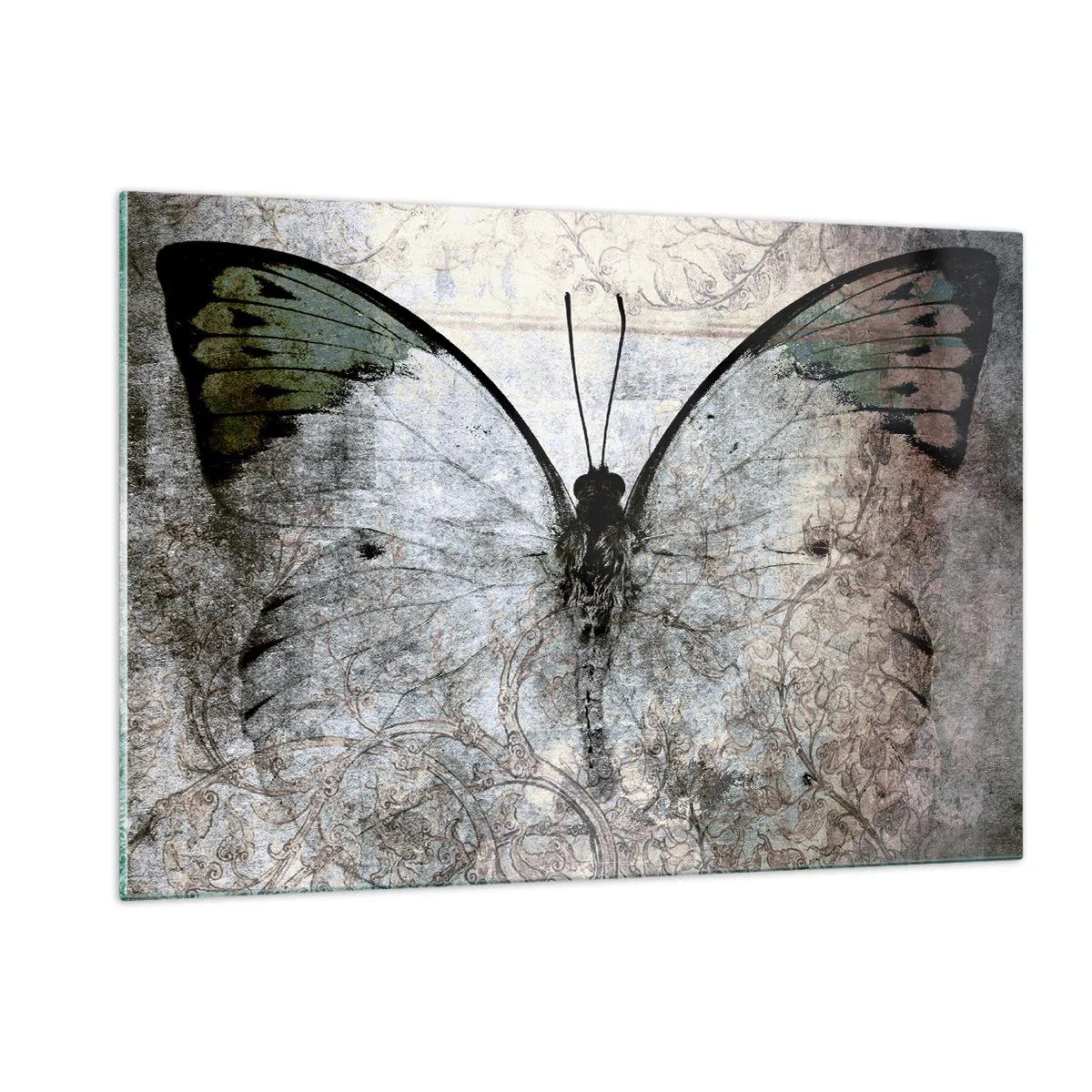 Quadro su vetro - Farfalla astratta sullo sfondo di un vecchio ornamento - 120x80cm - In stile Art Nouveau - Decorazione murale moderna per soggiorno e camera da letto ARTTOR