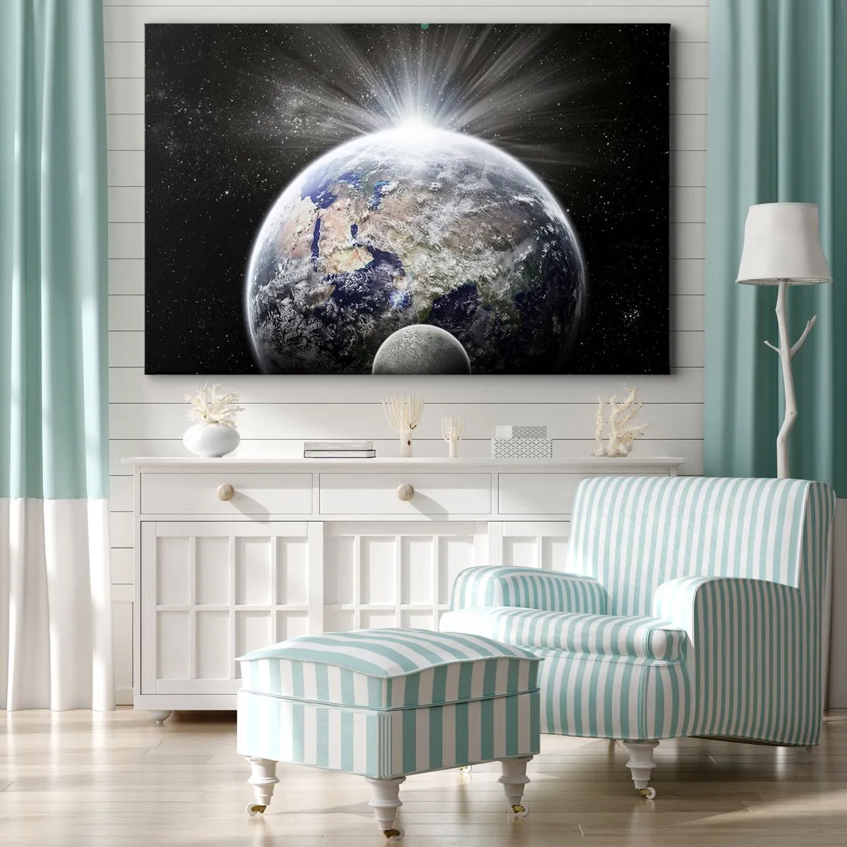 Quadro su tela - Stampe su Tela - Terra e Luna illuminate dal bagliore dello spazio - 120x80cm - In pieno splendore - Decorazione murale moderna per soggiorno e camera da letto ARTTOR