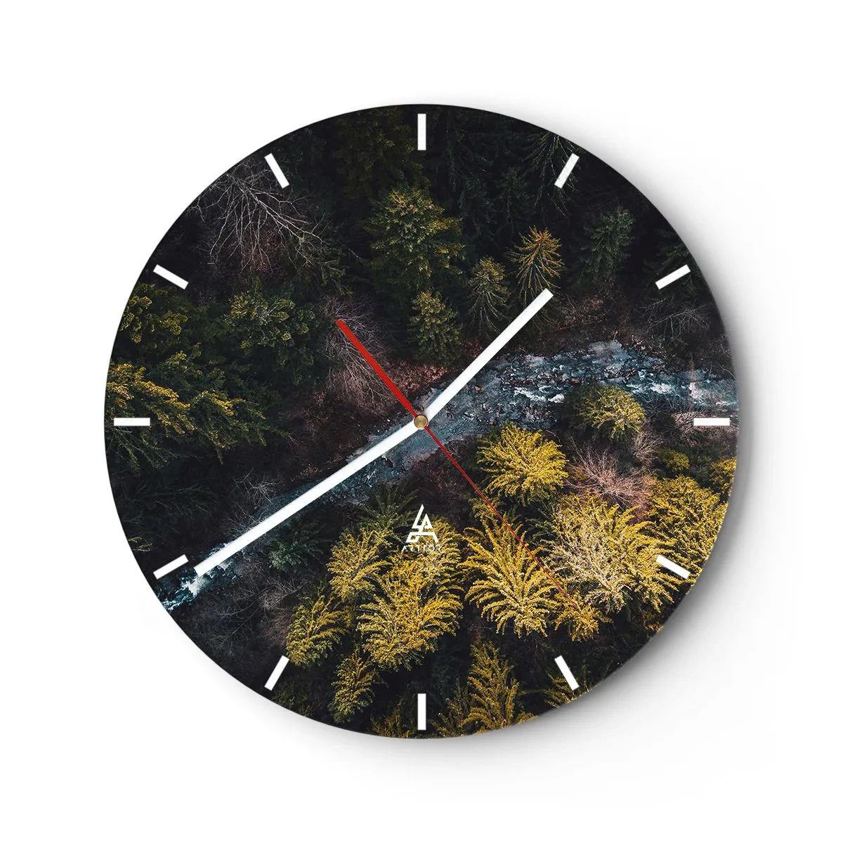 Orologio da parete - Orologio in Vetro - Una vista dall'alto della foresta e di un ruscello tra le conifere - 30x30cm - Sempre più veloce - Decorazione murale moderna per soggiorno, cucina e camera da letto ARTTOR
