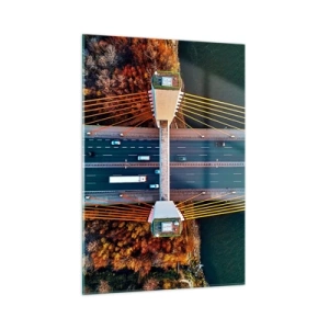 Quadro su vetro - Vista aerea del ponte con disposizione simmetrica di cavi e vagoni - 50x70cm - Oltre il fiume, oltre il bosco - Decorazione murale moderna per soggiorno e camera da letto ARTTOR
