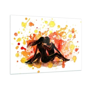 Quadro su vetro - Silhouette di una coppia su uno sfondo di macchie colorate ad acquerello - 100x70cm - E la luce fu - Decorazione murale moderna per soggiorno e camera da letto ARTTOR