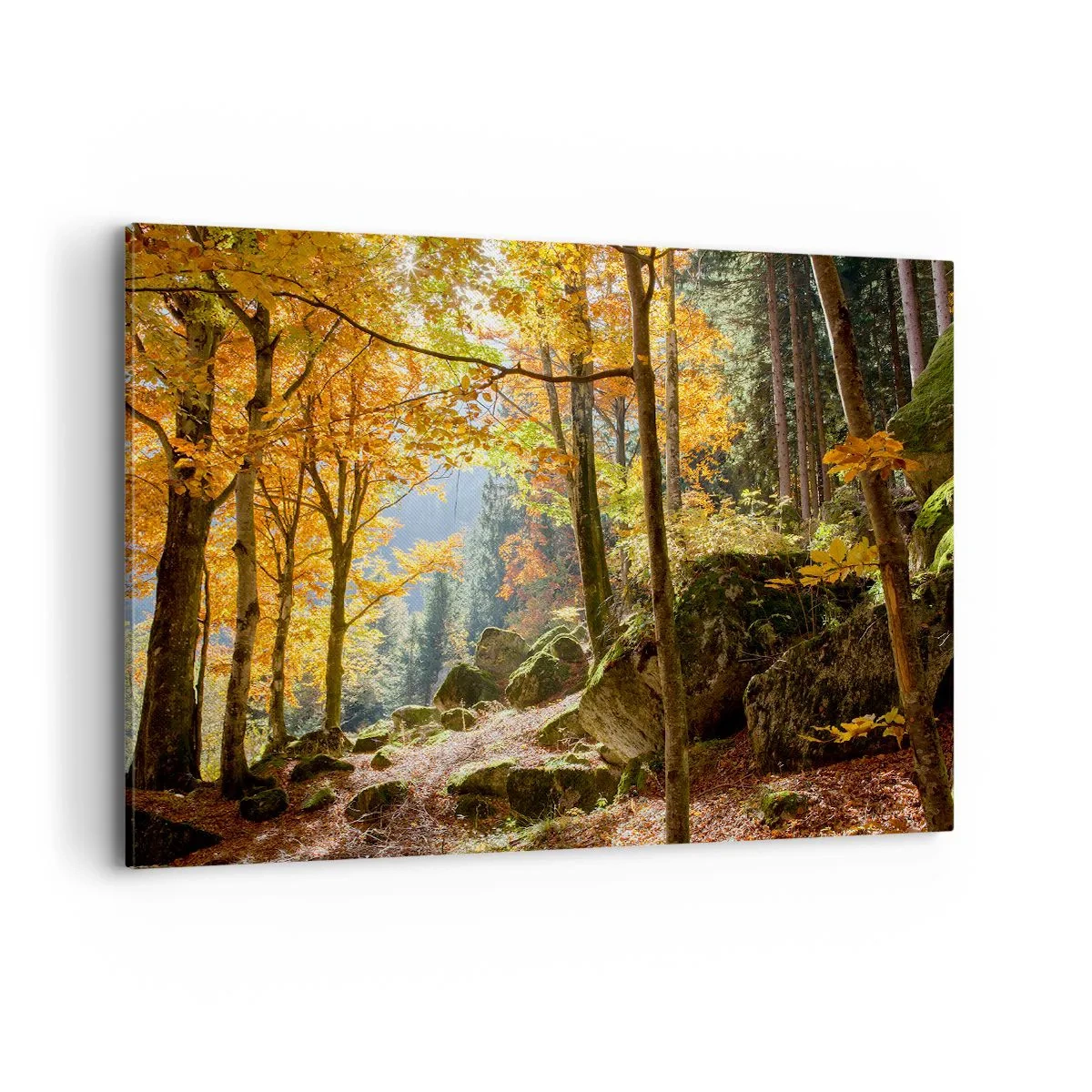 Quadro su tela - Stampe su Tela - Una foresta autunnale piena di foglie dorate e luce solare - 120x80cm - Il tempo del riposo - Decorazione murale moderna per soggiorno e camera da letto ARTTOR