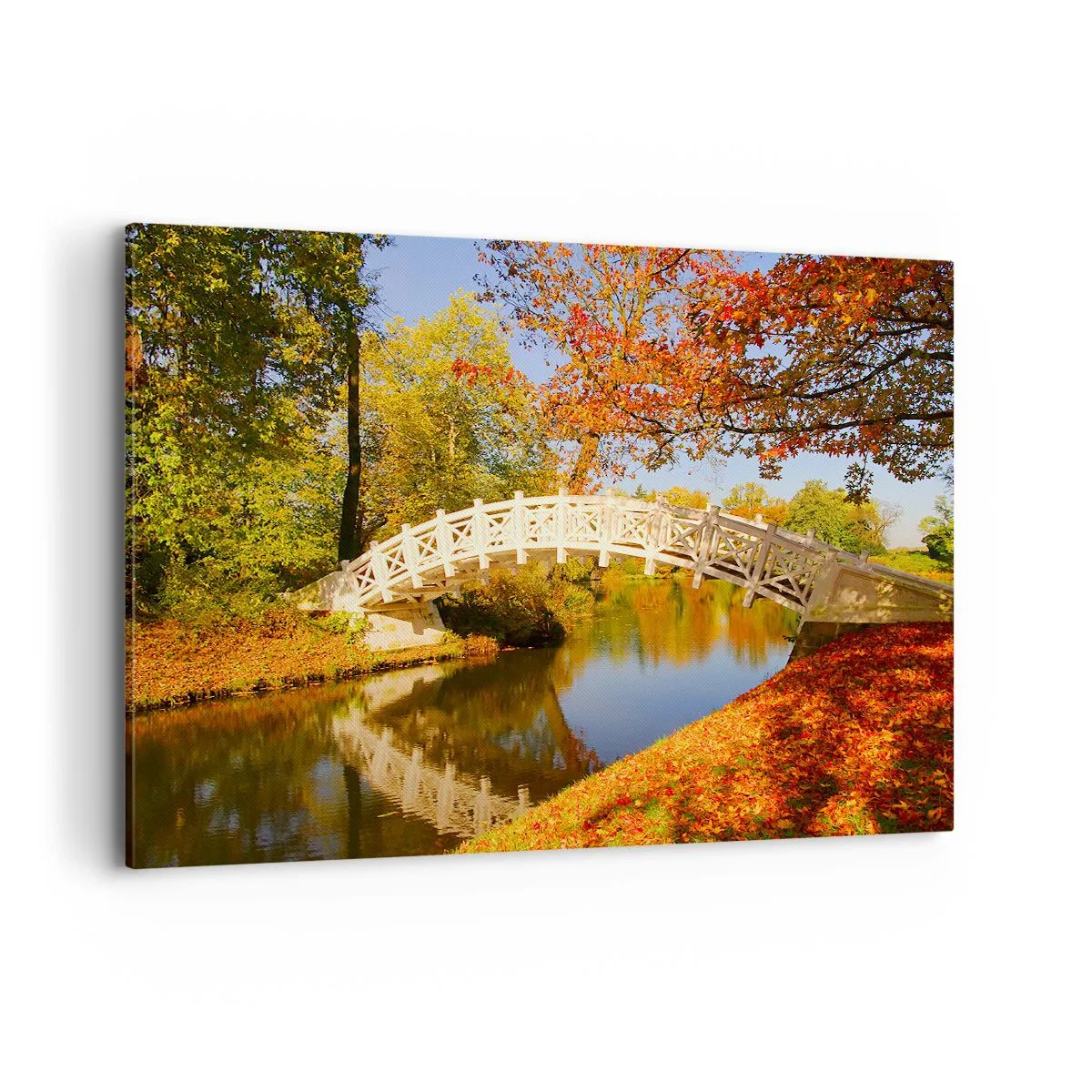 Quadro su tela - Stampe su Tela - Un ponte in un parco circondato da foglie autunnali su acque calme - 100x70cm - Sul bianco ponticello dei sospiri - Decorazione murale moderna per soggiorno e camera da letto ARTTOR
