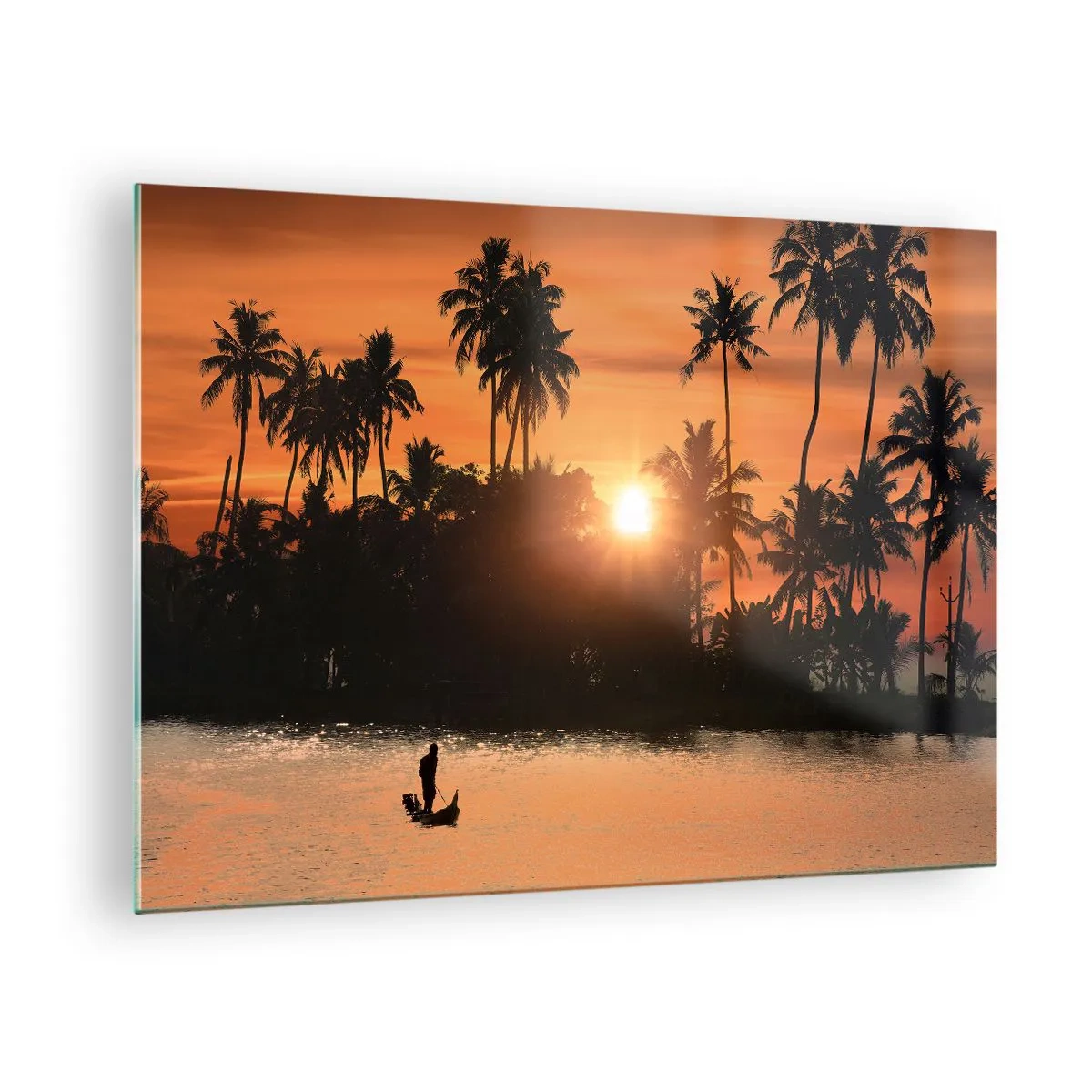 Quadro su vetro - Paesaggio tropicale con palme e tramonto sul fiume - 70x50cm - Il tempo del riposo - Decorazione murale moderna per soggiorno e camera da letto ARTTOR